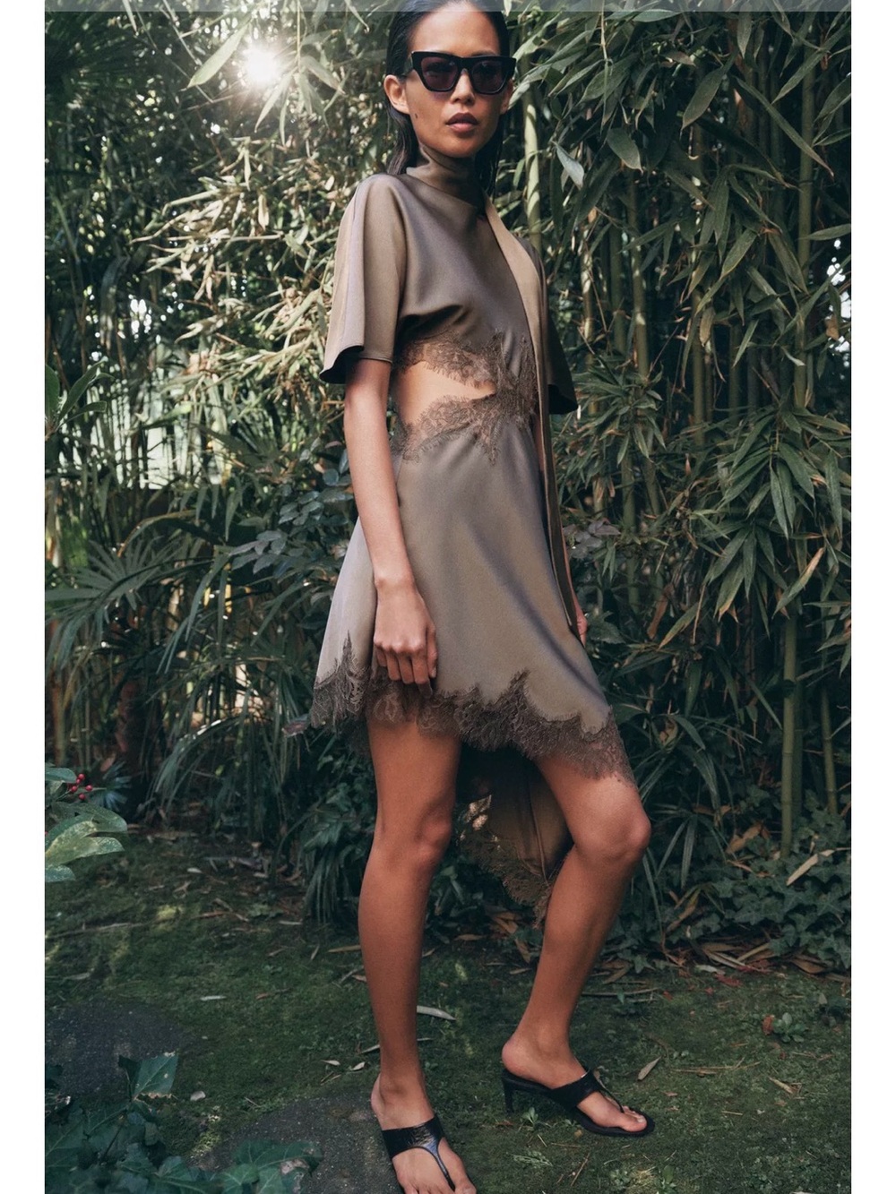 NWT Zara Olive Mink Lace-Trim Short Cut Out Dress Medium 5919/041 Satin Effect - Picture 1 of 8
